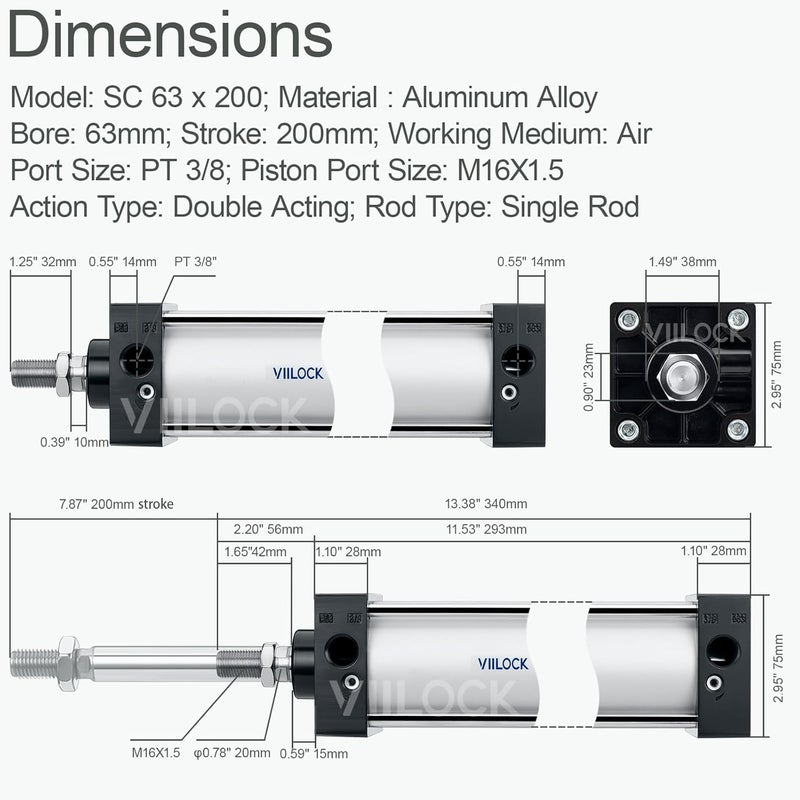 VIILOCK Pneumatic Air Cylinder 63mm Bore 200mm Stroke, Aluminium Standard Cylinder Single Piston Rod Double Action SC 63 X 200 - Image 4
